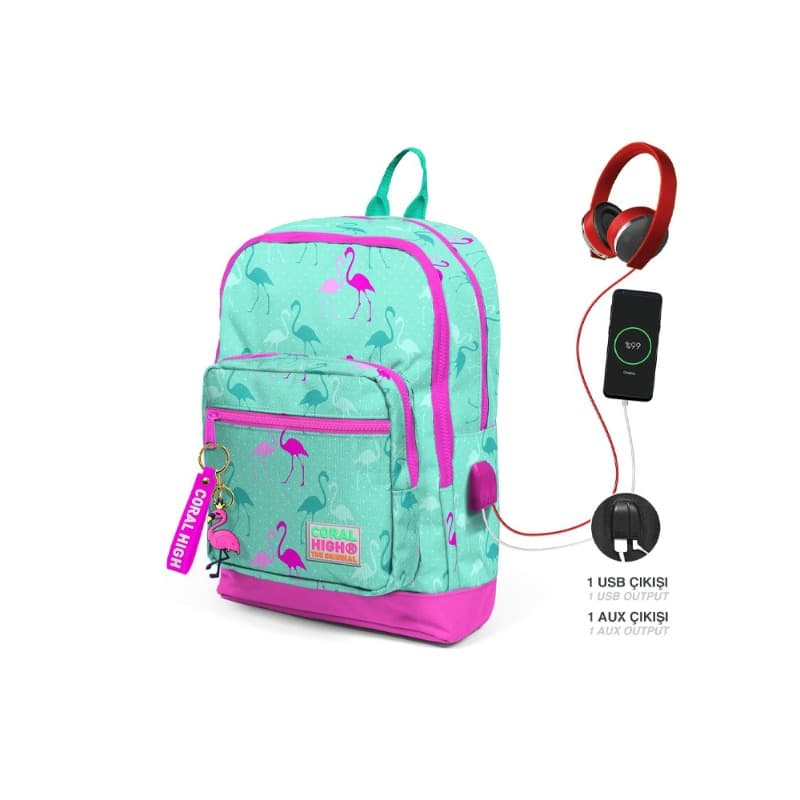 Coral High Kids Backpack Aqua Green Neon Pink Flamingo Print USB Charging Port