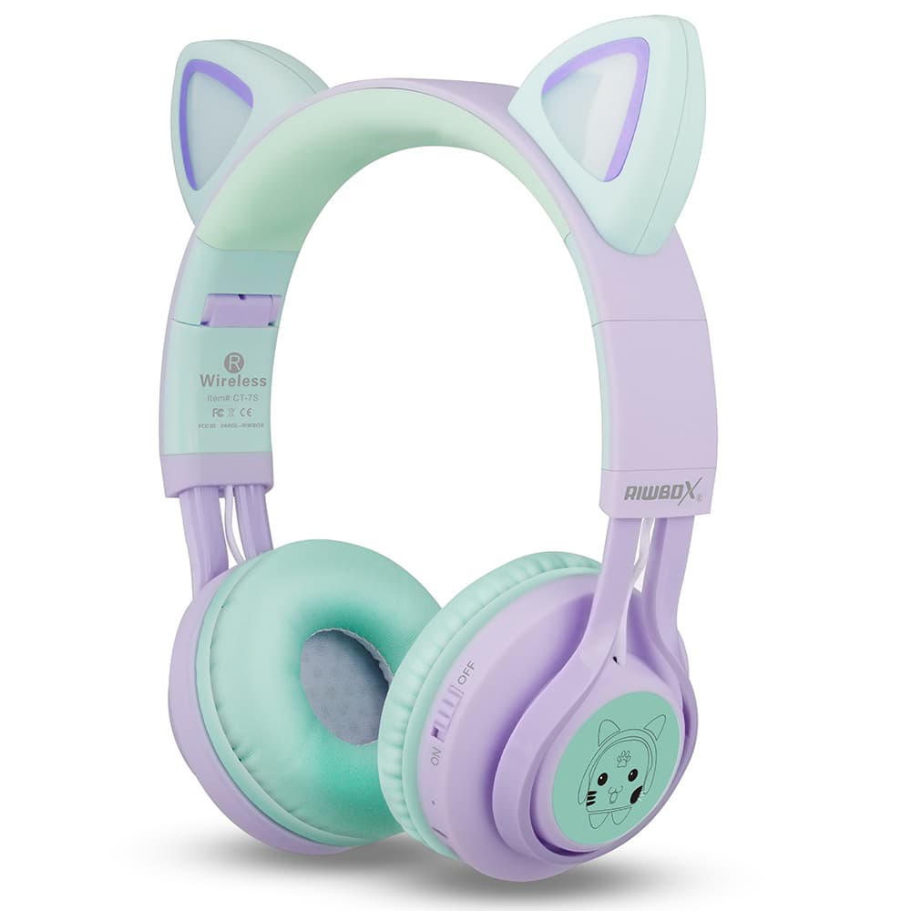 Riwbox Cat Ear Bluetooth Headphones - Purple green