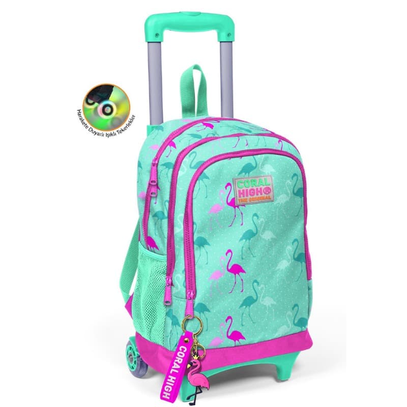 Coral High Kids Trolley School Backpack Water Green Neon Pink Flamingo Patterned